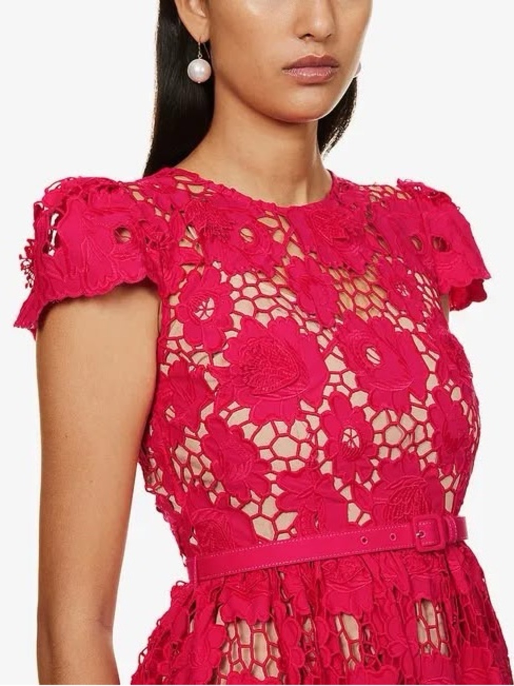 Self-Portrait Hot Pink Belted Floral Lace Midi Dress Size 4 - Picture 5 of 10